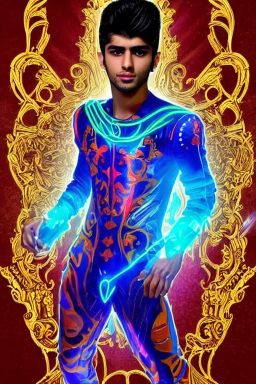 Image similar to full-body sculpture of a young handsome Zayn Malik as a mexican luchador cibernetic android with a glowing blue battery in his chest, white laser beam coming out of his eyes, crown of giant diamonds, flowing neon-colored silk, fabric, raptors, in a cyperbunk and baroque style. baroque elements. full-length view. baroque element. intricate artwork by caravaggio. many many birds birds on background. Trending on artstation, octane render, cinematic lighting from the right, hyper realism, octane render, 8k, depth of field, 3D