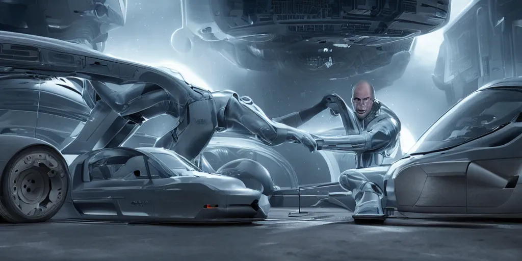 Image similar to low - angle medium shot of a space alien from the future on the first day of driver's ed learns to parallel park. 8 k, 4 k, hq, 3 d render, digital art, dramatic lighting, comedy, science fiction, hyper realistic, ultra detailed. style of fifth element ( film )