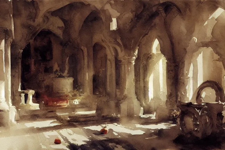 Prompt: abstract watercolor painting of mediterranean lord house interior, in stone, magical and traditional, cinematic light, national romanticism by anders zorn, by greg rutkowski, by greg manchess