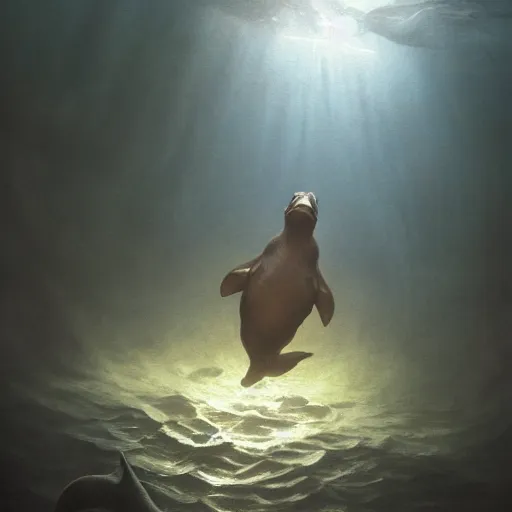 Prompt: An underwater photo of a demonic platypus swimming towards the camera out of the darkness, underwater cam, artstation, fantasy, concept art, dark, moonlight, incredible, smooth, sharp focus, illustration, art by greg rutkowski and orientalism and bouguereau and Zdzislaw Beksinski, good clear quality, lighting, biology, symmetrical artwork, perfect face, 135 mm, cinematic, hyper realism, high detail, octane render, 8k, blue and green accents