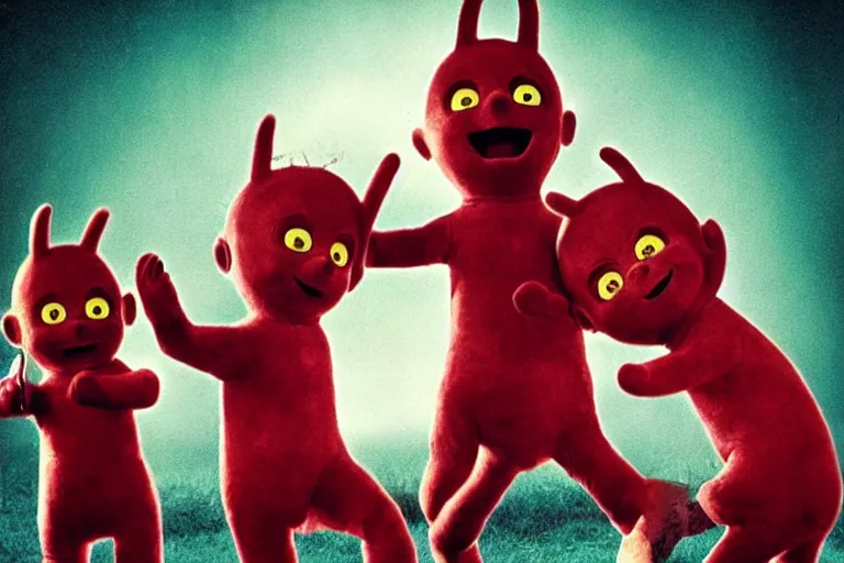 Prompt: teletubbies horro movie, saw teeth, red eyes, macabre, grotesque, greg rutkoswki, artwork, masterpiece