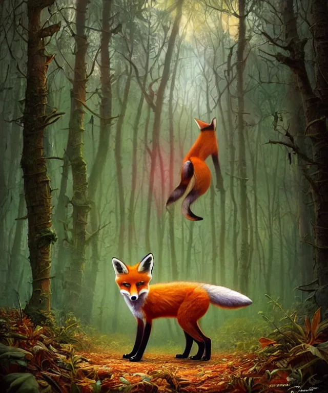 Image similar to a single realistic fox, walking through a psychedelic forest, wide angle landscape shot, pixar style by tristan eaton, artgerm and tom bagshaw