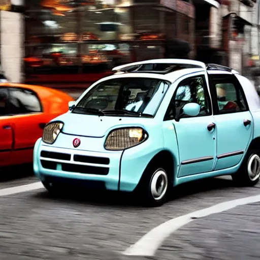 Image similar to a photo of an ugly fiat multipla on a very narrorw busy street