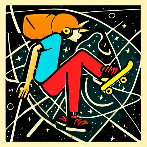Prompt: illustration of a skater boy, cosmic art, design graphics, memphis, old school, colors and shapes, vintage, vibrant, vivid