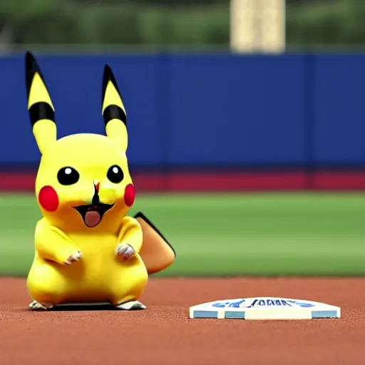 Prompt: live action shot of a baseball game with pikachu up for bat, highly detailed, extremely high quality, hd, 4 k, 8 k, canon 3 0 0 mm, professional photographer, 4 0 mp, lifelike, top - rated, award winning, realistic, detailed lighting, detailed shadows, sharp, no blur, edited, corrected, trending