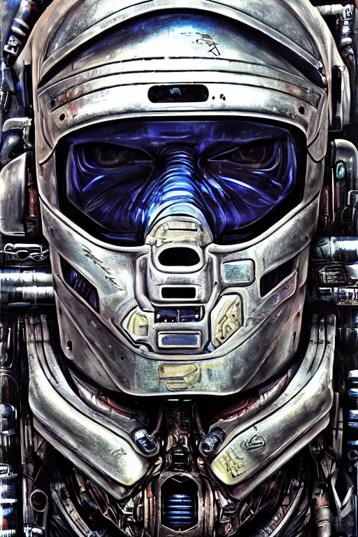 Image similar to an extremely high quality hd, a digital painting of a robocop ’ s face surrounded by mechanical parts, cyberpunk art by h. r. ( hans ruedi ) giger, featured on cgsociety, afrofuturism, circuitry, tesseract, dystopian art, 8 k, ultra realistic, very realistic