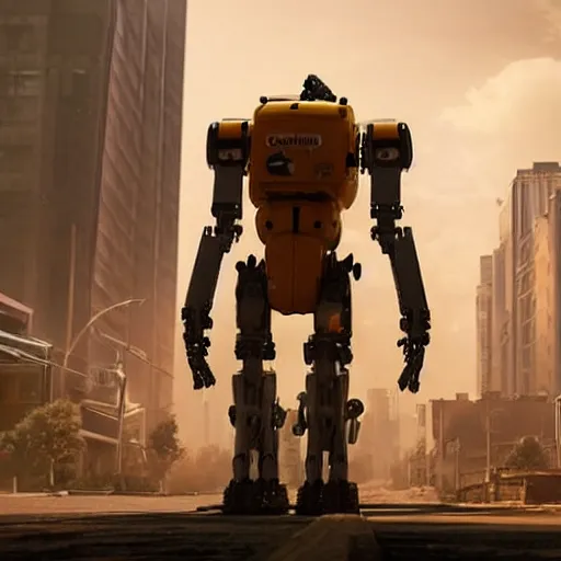 Prompt: A photorealistic render of Garfield the cat as a giant robotic mech suit, walking through a post-apocalyptic cityscape