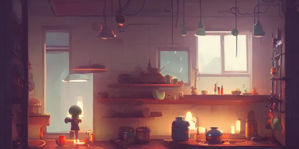 Prompt: cute solitary kitchen dim lit by a candle ripped physique simon stalenhag gerald brom bastien grivet by greg rutkowski game background fisheye lens day of the tentacle, 3 point perspective