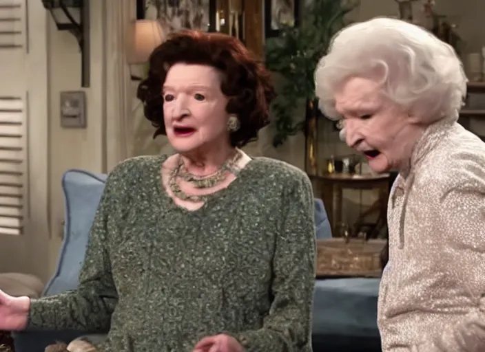 Image similar to a screenshot of jon snow speaking to betty white in an episode of the golden girls