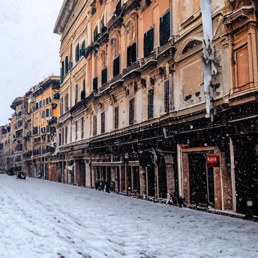 Prompt: The city of Rome under the snow on August. It's snowing everywhere on the entire cityscape of Rome under a blue sky and a very hot sun. It's crazy hot with red flames everywhere but also very big snowflakes. People wear swimsuits and are very puzzled.