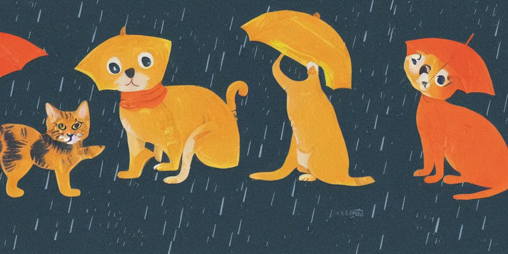 Image similar to a black dog and an orange tabby kitten standing in the rain by richard scarry