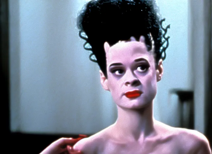 Image similar to bride of frankenstein as a teen, still from john hughes movie sixteen candles