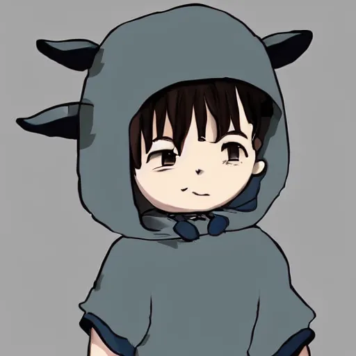 Prompt: little boy wearing sheep suit. white, gray, blue, green and brown pallet color. made in abyss art style, inspired in chris from deltarrune, artgerm