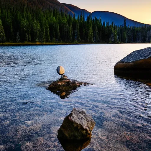Image similar to there is a single rock hovering above a clear blue lake in a clearing in the middle of an evergreen forest at dawn