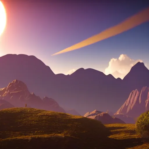 Image similar to small solar eclipse above mountains, highly detailed, photorealistic shot, bright studio setting, studio lighting, crisp quality and light reflections, unreal engine 5 quality render