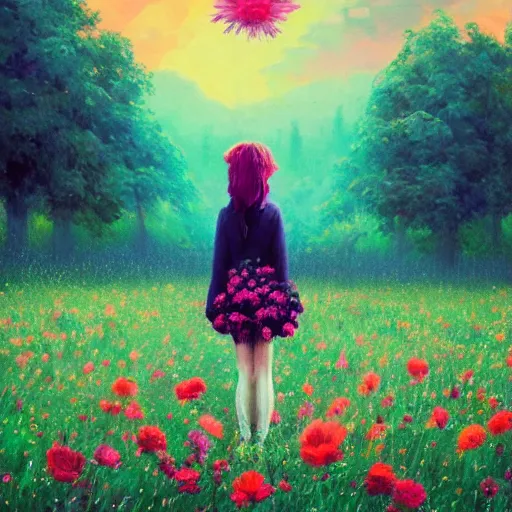 Image similar to girl with a scaled up flower as a face, surreal photography, dream, standing in flower field, hills, big trees, sunrise dramatic light, impressionist painting, colorful clouds, digital painting, pointillism, artstation, simon stalenhag, flower face