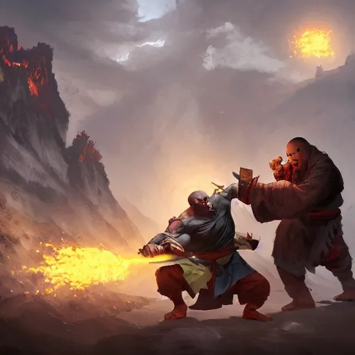 Prompt: monk fighting an orc, martial arts, 8k, sharp high quality artwork in style of Jose Daniel Cabrera Pena and Greg Rutkowski, concept art by Tooth Wu, blizzard warcraft artwork