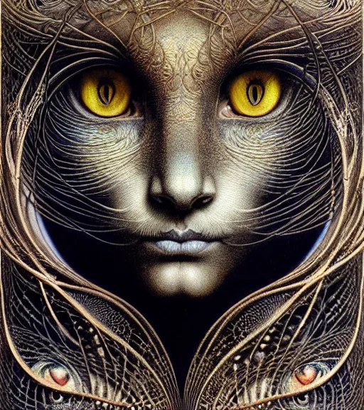 Image similar to detailed realistic beautiful bast cat goddess face portrait by jean delville, gustave dore, iris van herpen and marco mazzoni, art forms of nature by ernst haeckel, art nouveau, symbolist, visionary, gothic, neo - gothic, pre - raphaelite, fractal lace, intricate alien botanicals, biodiversity, surreality, hyperdetailed ultrasharp octane render