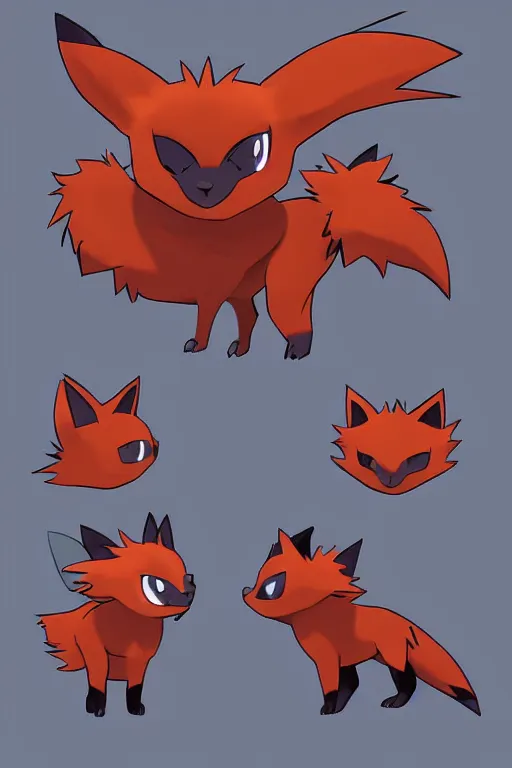 Image similar to zorua pokemon, stylised fox - like appearance, black and auburn colour pallet, thick furry neck and chest fluff, stylised 🖌 - like hair on head, pokemon concept art with multiple angles, super detailed, clean lines, digital art