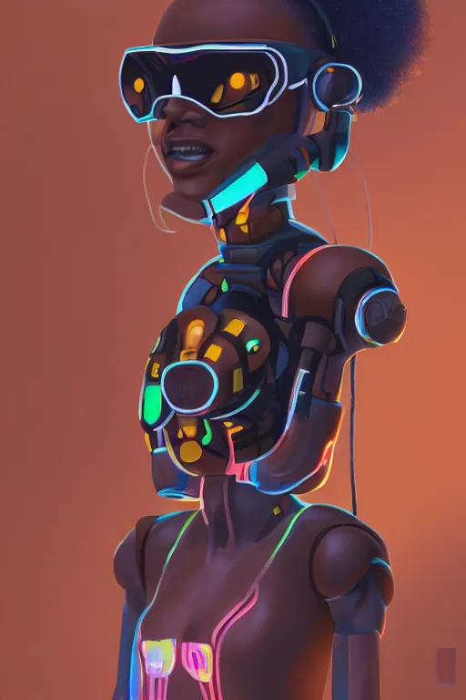 Image similar to a black girl fixing a robot, in the nature, mixing solarpunk, afropunk and cyberpunk technology and aesthetic ( ( ( ( volumetric light ) ) ) ), high angle, part by pearl fryar, part by prince damah, sunny day, trending on artstation, cinematic view, illustration, painting.