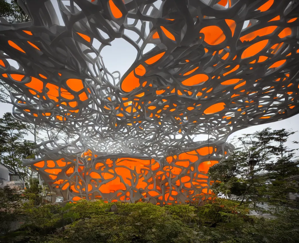 Prompt: photo of the exterior of a futuristic organic japanese house, dramatic lighting, smoke, ceiling fluorescent lighting, black and orange colour palette