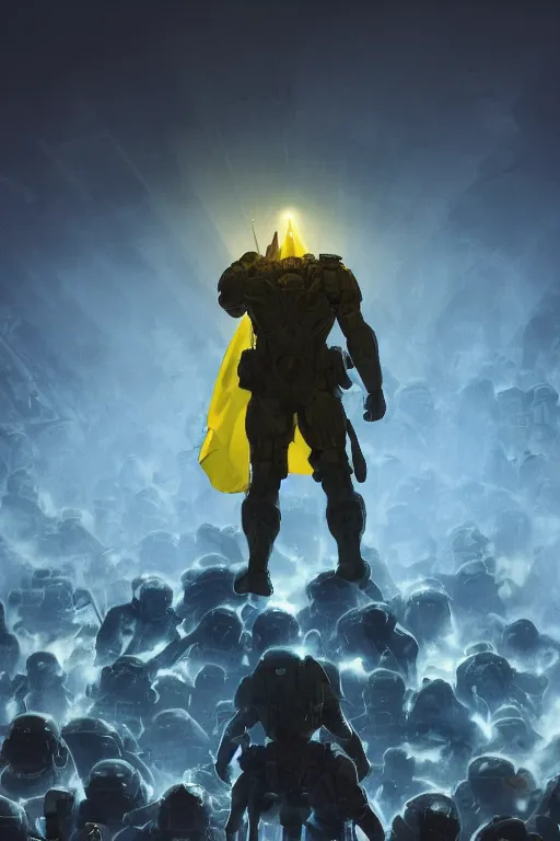 Prompt: A distant view shot from behind of a super soldier with blue and yellow flag in his hand while he is standing on a huge pile of skulls in triumph after the war, head is up, flag in hands up, dark atmosphere, nuclear war, bright rays of light, beams of light, intricate, volumetric lighting, volumetric lights, highly detailed, smooth, artstation, concept art, сinematic lighting, insanely detailed, smooth, sharp focus, Artstation, 8k, unreal engine, hyper realistic, steampunk style, bright background, moonlight, volumetric lighting, wallpaper, digital illustration by Ruan Jia and Mandy Jurgens and Artgerm and Wayne Barlowe and Greg Rutkowski and Frank Frazetta