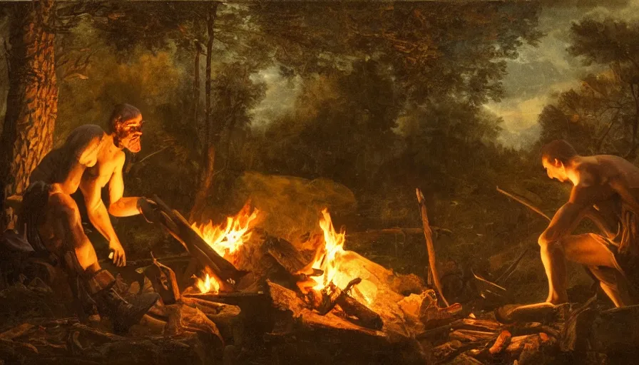 Image similar to a fanatical zealot by a fire in the woods, intricate details, dramatic light, establishing shot