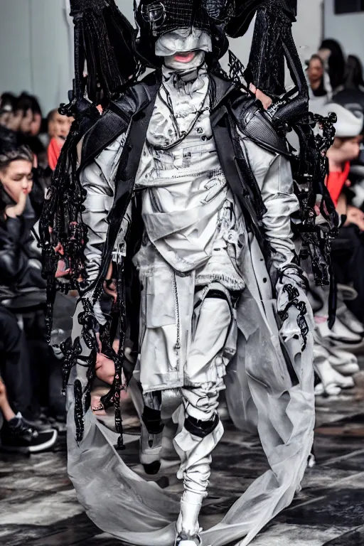 Image similar to avant garde techwear look and clothes, we can see them from feet to head, highly detailed and intricate, hypermaximalist, pastel colors, futuristic, luxury, Rick Owens, Errolson Hugh, Yohji Yamamoto, Y3, ACRNYM, cinematic outfit photo