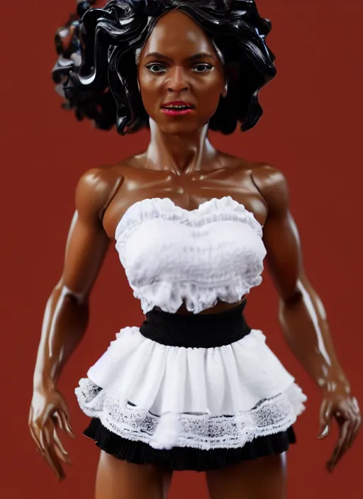 Image similar to Product Introduction Photos, 4K, Long view, Full body, 80mm resin detailed miniature of a Muscular Black Woman in white and lacy ruffled mini-skirt