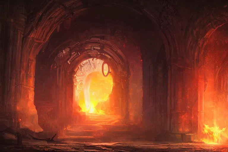 Prompt: A Portal to the Lost Flame Realm, fantasy, digital art, professional illustration, realistic, ultra detailed, atmospheric, cinematic lighting