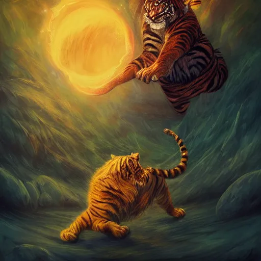 Image similar to A Wizard battling a Tiger by R.J. Palmer; by Anato Finnstark