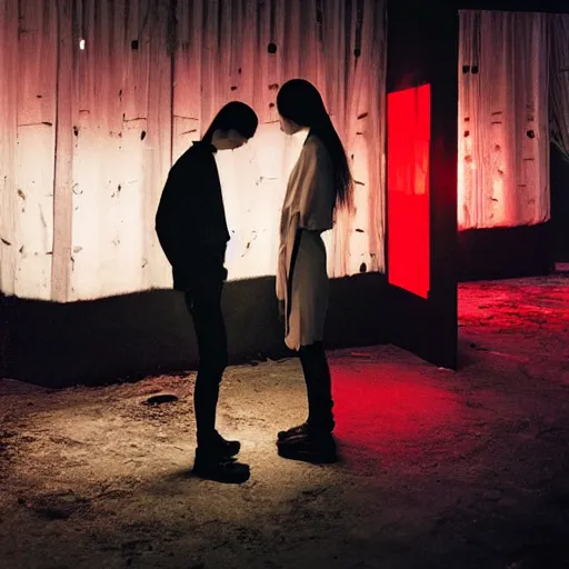 Image similar to a tiny nightclub with a few red chinese lanterns, a couple of modern subculture teenagers standing and talking to each other, wearing black modern clothes, designed by rick owens, hyperrealistic, extremely lifelike attributes & lifelike texture, hyperdetailed, colorful, by gregory crewdson