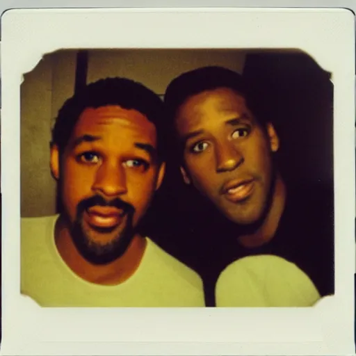 Prompt: a polaroid photo of denzel washington and ryan gosling waving