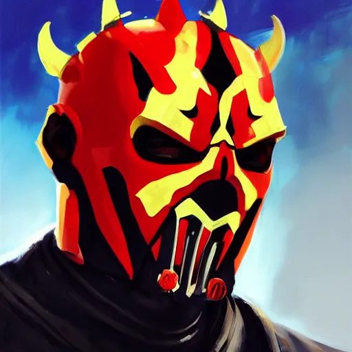 Image similar to greg manchess portrait painting of armored darth maul as overwatch character, medium shot, asymmetrical, profile picture, organic painting, sunny day, matte painting, bold shapes, hard edges, street art, trending on artstation, by huang guangjian and gil elvgren and sachin teng