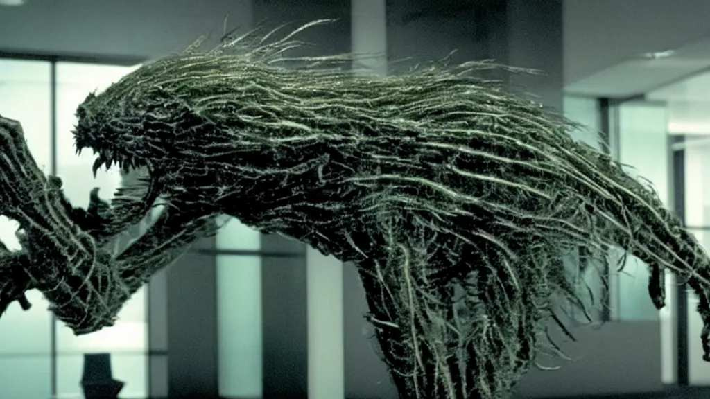 Image similar to the creature in the high tech office building, it is furious, film still from the movie directed by denis villeneuve and david cronenberg with art direction by salvador dali