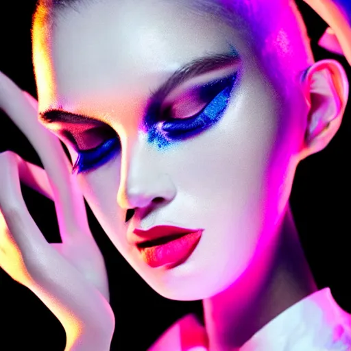 Image similar to high fashion photography of a model in neo futurism white sci - fi makup, transparent cloth, beautifully lit by neon light