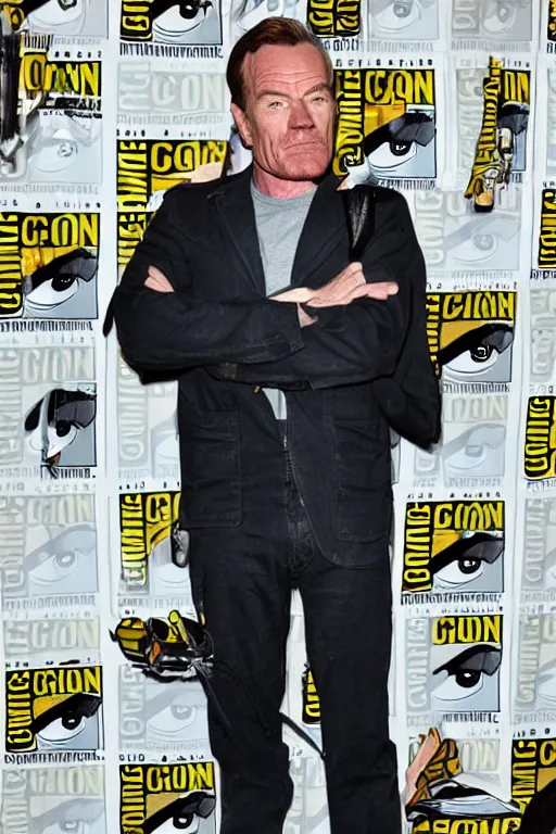 Prompt: candid photo of Bryan Cranston cosplaying Hermione Granger at ComicCon