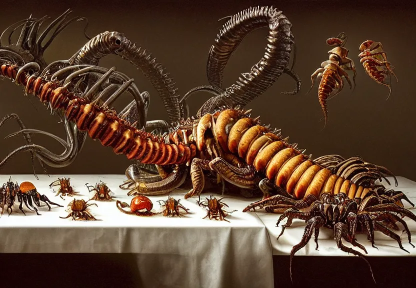 Prompt: an opulent banquet of food on a table covered with cyborg hissing cockroaches and huge cyborg hermit crabs and huge cyborg earthworms. rainbow giger ’ s xenomorph. the thing. the blob. reclaimed lumber, detailed and intricate environment, hyperrealism, food photography, rembrandt