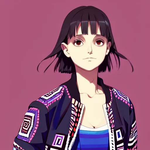 Image similar to a beautiful! boyish! natalie portman alluring gravure! model, wearing oversized aztec bomber jacket and leotard, poofy bomber jacket with mayan patterns, gapmoe yandere grimdark, trending on pixiv fanbox, painted by greg rutkowski makoto shinkai takashi takeuchi studio ghibli, akihiko yoshida