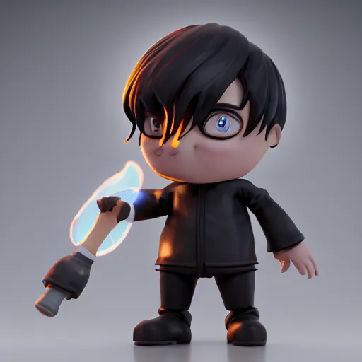 Image similar to cute pvc figure of a boy who is composed of dark ichor, ink, fluid simulation character, lens flares, vray