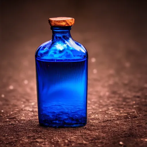 Prompt: blue flame in a bottle, 4 k, photography, highly detailed