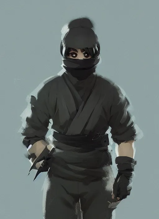 Image similar to a beautiful fullbody portrait of a cute male ninja by atey ghailan. artstation, pinterest, ambient occlusion, volumetric light, digital art, highly detailed, fine detail, complex fantasy character, rendered in octane