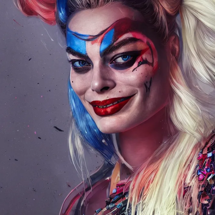 Image similar to portrait of Margot Robbie as a harley quinn. intricate abstract. intricate artwork. by Tooth Wu, wlop, beeple, dan mumford. octane render, trending on artstation, greg rutkowski very coherent symmetrical artwork. cinematic, hyper realism, high detail, octane render, 8k, iridescent accents