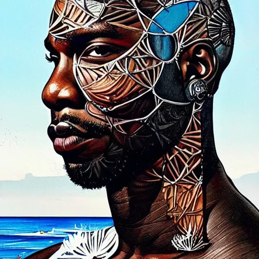 Prompt: a portrait of a black man with side profile blood in ocean intricate details :: side profile :: futuristic mask :: by vikings and Sandra Chevrier