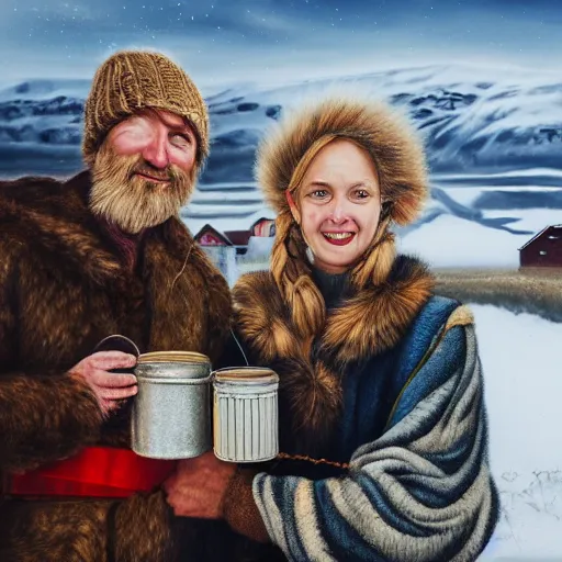 Prompt: a highly detailed portrait of a couple holding a tin can, remote icelandic village, blonde hair, trending on artstation,