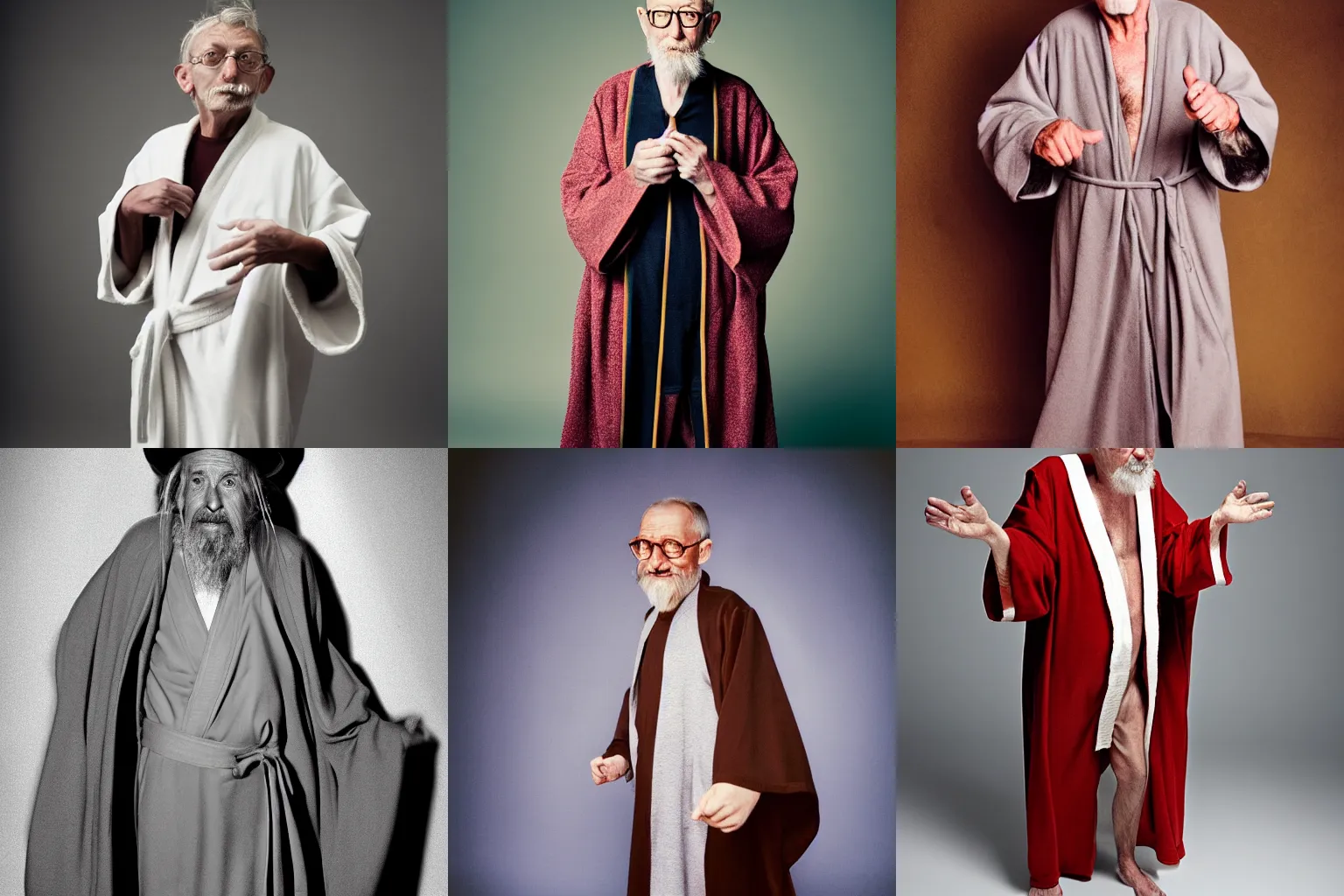 Prompt: The Wikipedia Wizard, old man in a robe, studio photograph by Terry Richardson, fashion model