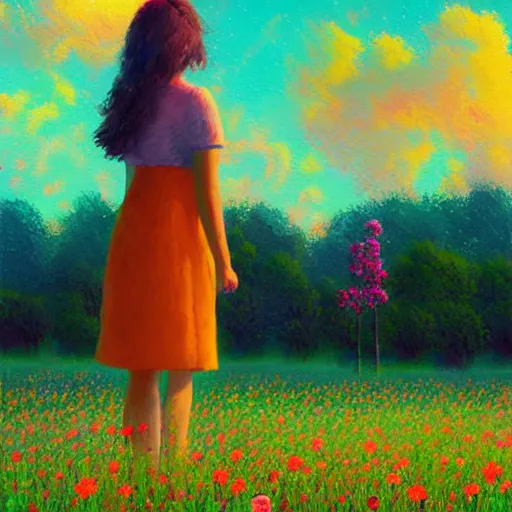 Prompt: girl made of flowers, standing in a flower field, big trees, sunrise dramatic light, impressionist painting, colorful clouds, digital painting, pointillism, artstation, simon stalenhag