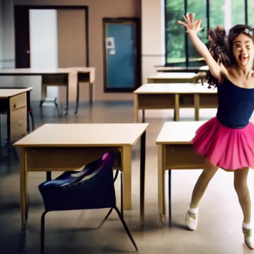 Image similar to film still of stylish girl dancing on school desk, tilted frame, 3 5 °, dutch angle, cinematography from music video