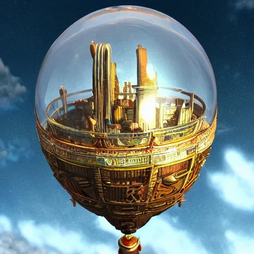 Prompt: enormous flying city in a faberge egg, sky, steampunk, fantasy art, masterpiece, octane render