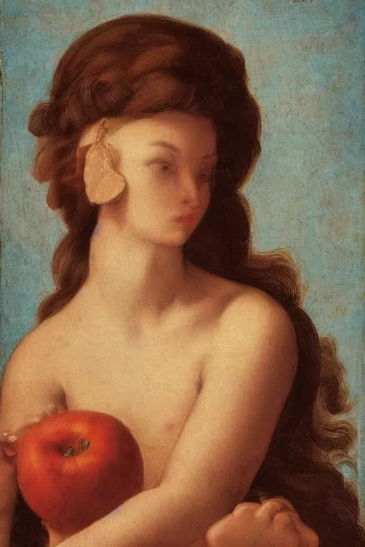 Image similar to Beautiful girl, calm face, closeup, fruits, ultra detailed, Guido Reni style, Raphael style
